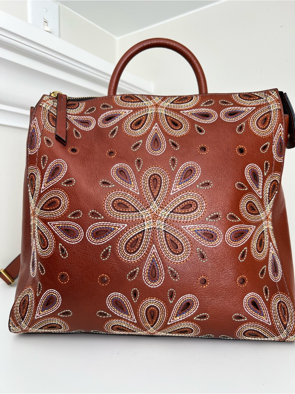 Fossil Brown Leather Satchel with Multicolor Embroidered Florals